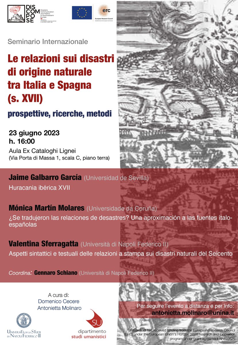 Las relaciones sobre desastres naturales en España e Italia en el siglo XVII. Desde Nápoles (<a href="/UninaIT/">Unina Federico II</a>), organizado por el proyecto DisComPose (discompose.unina.it) y a cura de Domenico Cecere y Antonietta Molinaro.