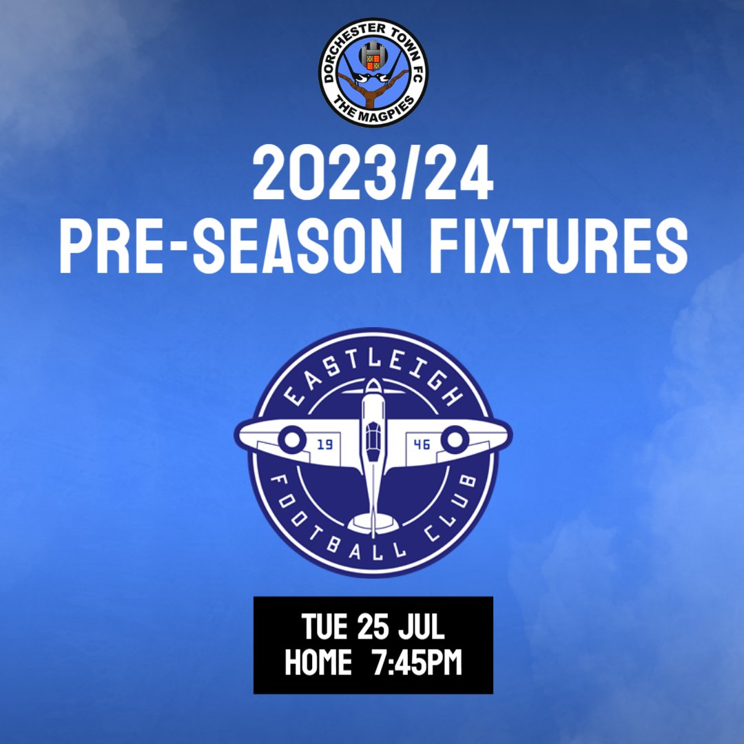 📆 | 𝙋𝙍𝙀-𝙎𝙀𝘼𝙎𝙊𝙉 𝙁𝙍𝙄𝙀𝙉𝘿𝙇𝙄𝙀𝙎

The Magpies will host @EastleighFC in a pre-season friendly at The Avenue on Tuesday 25 July

➡️ dorchestertownfc.co.uk/news/23-24-pre…

#WeAreDorch ⚫️⚪️