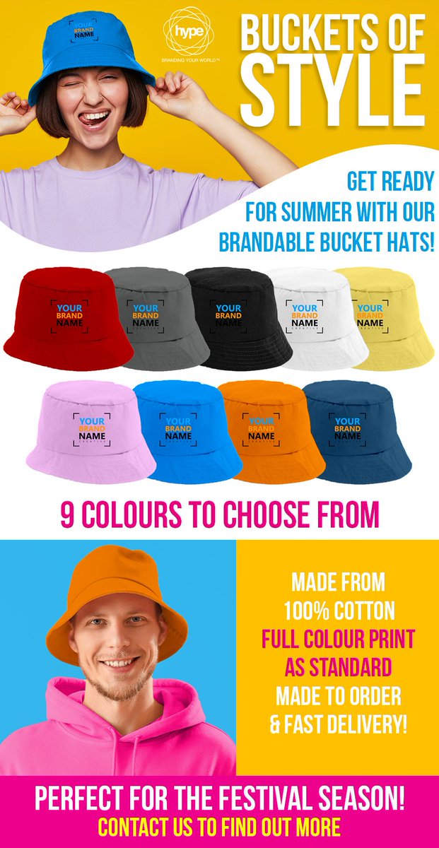 Check out our Summertime Bucket Hats. Available in a wide range of colours. Your branding added in up to full colour print. conta.cc/3PoZOKY
conta.cc/3qUUy7V