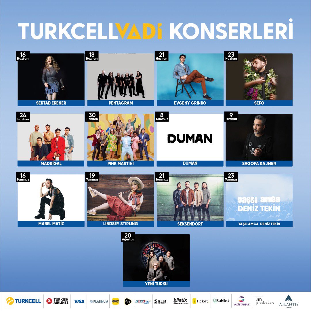 'Turkcell Vadi, müzikseverleri büyüleyecek bir konser serisine ev sahipliği yapıyor. Türkiye'nin en sevilen sanatçıları, unutulmaz performanslarıyla bu muhteşem etkinlikte buluşacak.'
#vadistanbul