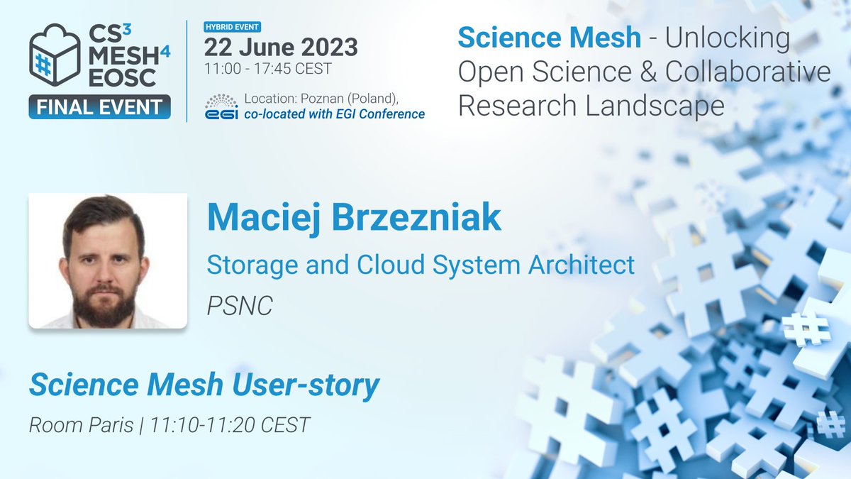 📌#CS3MESH4EOSC #ScienceMesh final event live @EGI_eInfra #EGI2023!

🔍Maciej Brzezniak @pcss_psnc discover the #ScienceMesh #OpenSource third-party software technologies powering your #research workflow!

 🔗cs3mesh4eosc.eu/technologies?u…