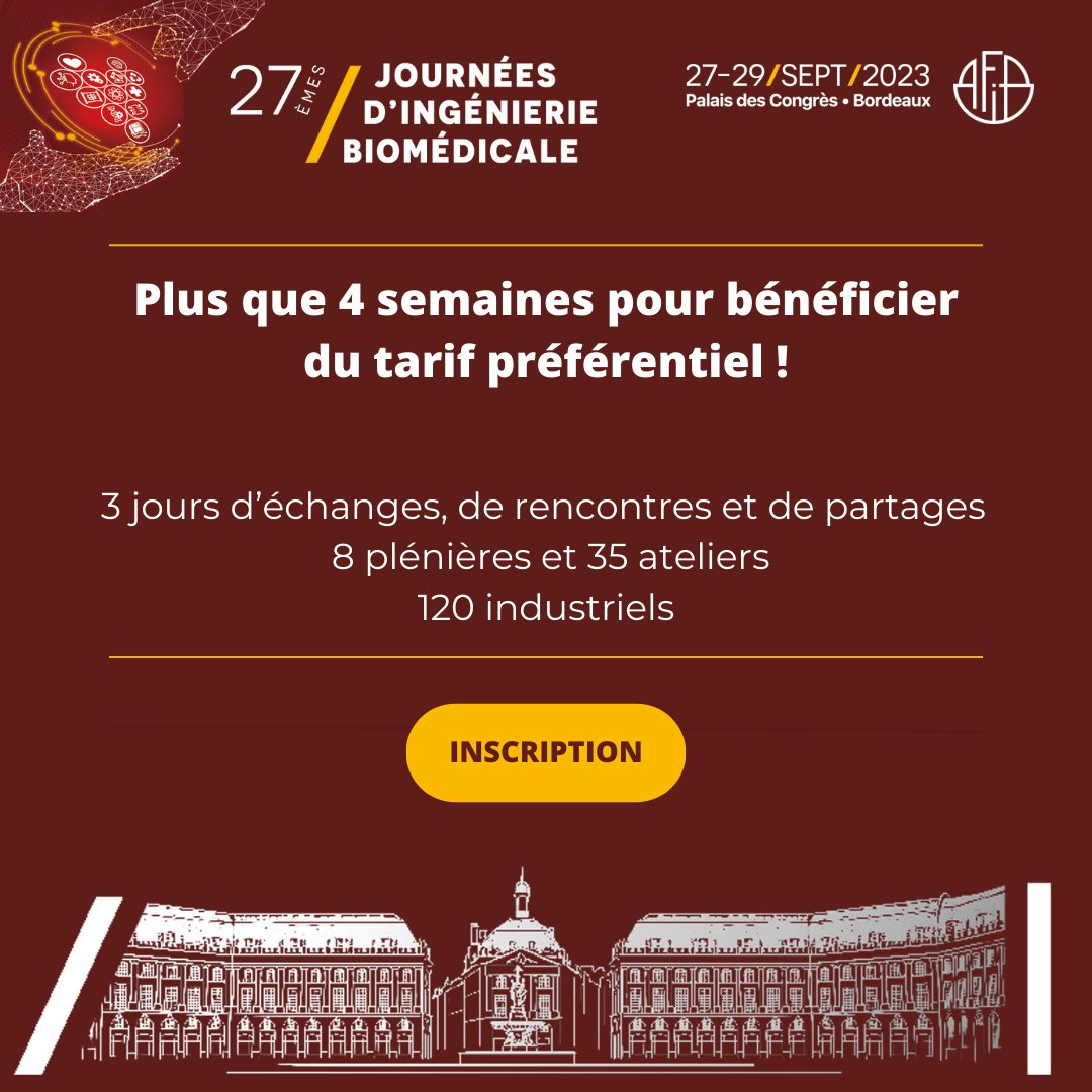 🚨 Le tarif préférentiel du Congrès AFIB 2023 se termine le 14 juillet !

🌍 8 plénières et 35 ateliers autour de la thématique « Technologies et Agilité Biomédicales, le meilleur est Avenir ».

S'inscrire 👉 bit.ly/3qza0Gu

#biomedical #ingebio #sante #afib2023
