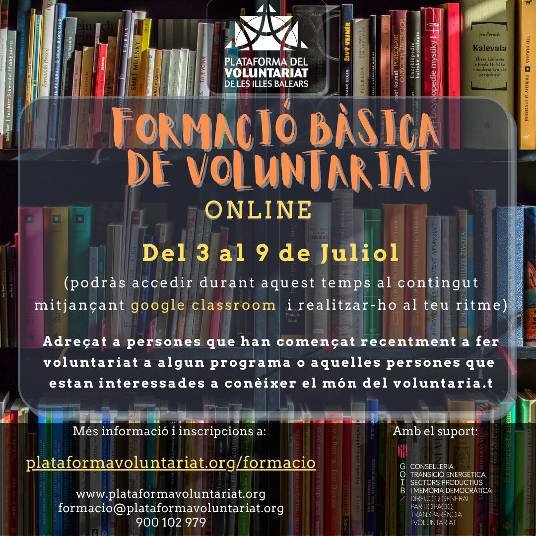 plavib's tweet photo. 📢Formació bàsica de voluntariat ONLINE. 📢
(mitjançant google classroom)

📅Del 3 al 9 de Juliol, apropa't al món del #voluntariat i les seves #entitats.

➡️Inscripcions: link a bio

https://t.co/etipTHwHdn
 #transformant #formacio #PLAVIB https://t.co/K11zz6DNTD
