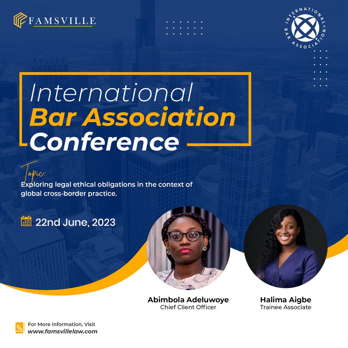 Today, Famsville's Chief Client Officer, Abimbola Adeluwoye, and Trainee Associate, Halima Aigbe, will attend the International Bar Association's webinar on 'Exploring legal ethical obligations in global cross-border practice.'
#LegalEthics #CrossBorderPractice #GlobalLegalEthics