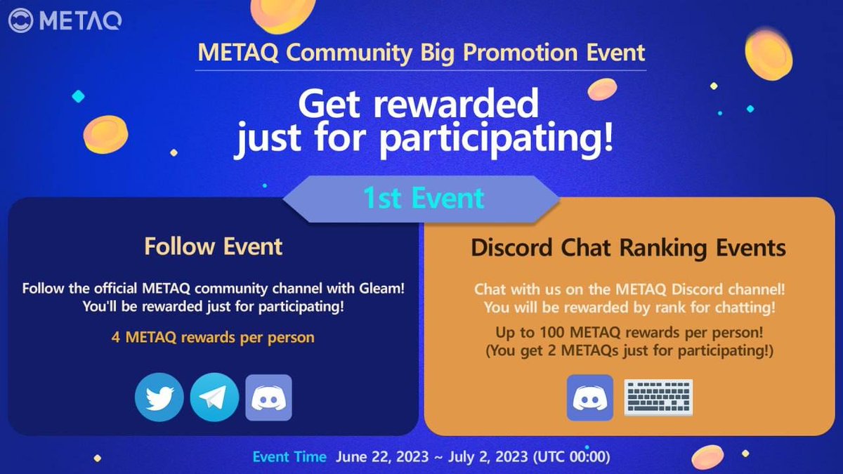 #skyplay X #metaq

🎊 METAQ Community Big Promotion Event 🎊

⏰Event Time⏰
June 22, 2023 ~ July 2, 2023 (UTC 00:00)

1️⃣ Follow Event (Gleam) : gleam.io/competitions/Y…
2️⃣ Discord Chat Ranking Event : discord.gg/W8Z6zU9a

✅Notice: t.me/skp_announceme…