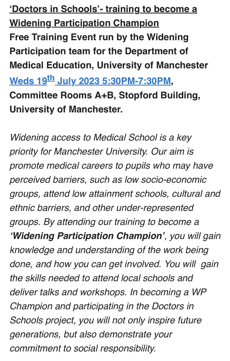 NCA-Undergraduate Medical Education (@nca_ume) on Twitter photo FREE interactive f2f training. Stopford Building, Committee Rooms A+B 19th Jul 5:30-7:30PM. Hosted by Dr Anjali Vaidyanathan & Albert Jennings. Sign up using this link to indicate your interest onemedforms.manchester.ac.uk/s/f/41nZM3XrmD… Any questions to e-mail: albert.jennings@manchester.ac.uk FREE interactive f2f training. Stopford Building, Committee Rooms A+B 19th Jul 5:30-7:30PM. Hosted by Dr Anjali Vaidyanathan & Albert Jennings. Sign up using this link to indicate your interest onemedforms.manchester.ac.uk/s/f/41nZM3XrmD… Any questions to e-mail: albert.jennings@manchester.ac.uk