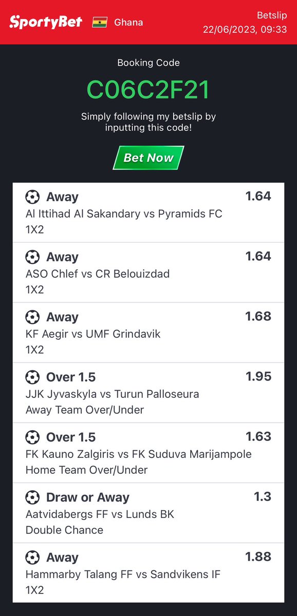 C06C2F21
Put 10ghc at least on this 
Chance of win = 75%

AB0D4C95 🔥🔥
Risk it man

Chance of win= 95%

#bettingtips #bettingexpert #bettingpicks