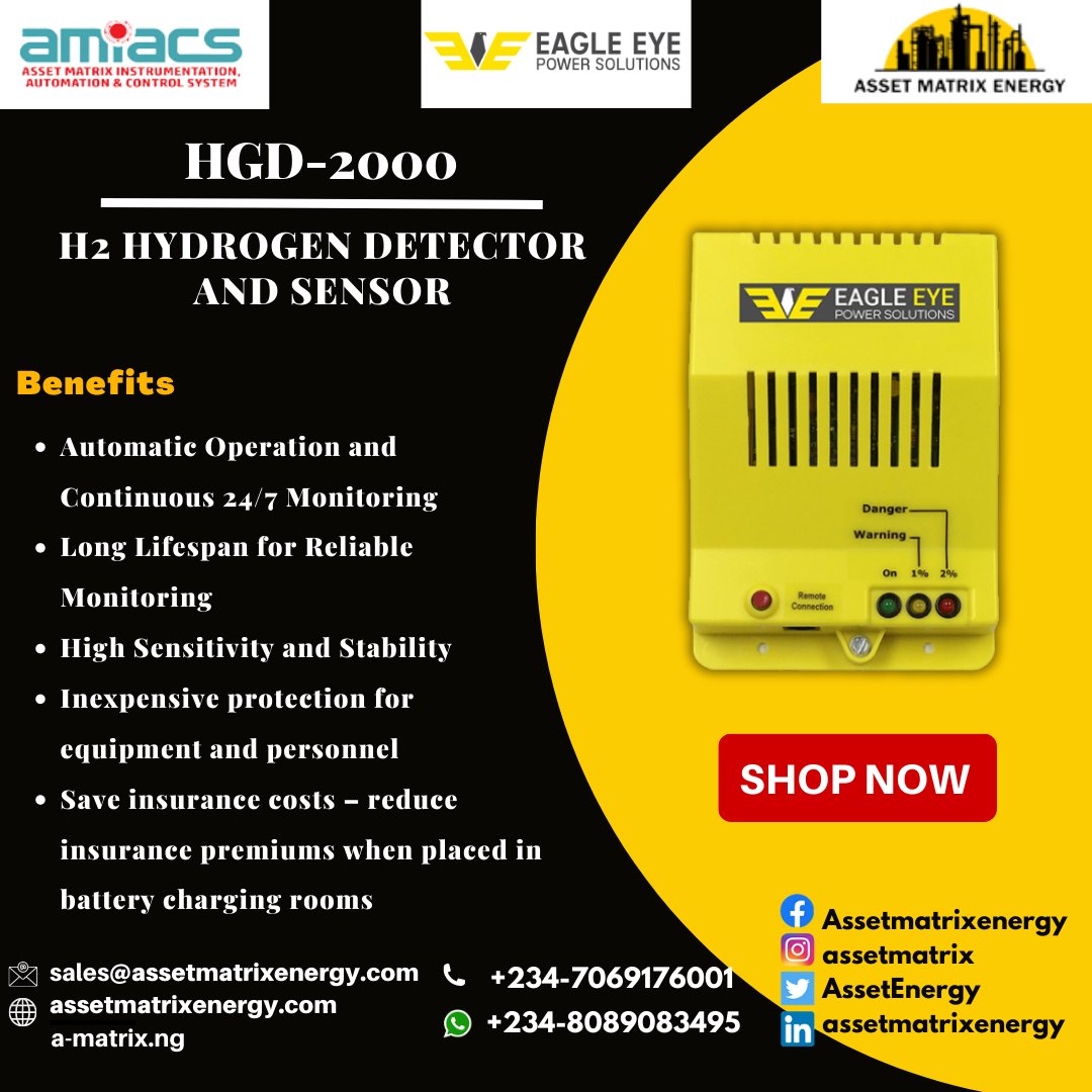 AssetEnergy's tweet image. The HGD-2000 H2 Hydrogen Detector and Sensor allows users to monitor hydrogen gas accumulation in battery storage rooms and facilities.

assetmatrixenergy3@gmail.com, sales@assetmatrixenegy.com
#Globecore #cmm4 #oilfiltrationunit