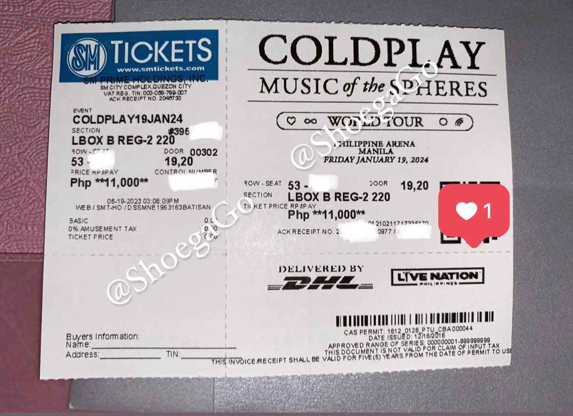 ShoegaGo's tweet photo. Selling extra ticket Coldplay Day 1 (bought thru tx assistance)
LBB Reg 2-220
Row 53
RFS: got day 2 already

selling it 13,000php since I also paid the assistance fee 🥹
MeetUp: Trinoma/vertis north/ SM north

#Coldplay #ColdplayManila https://t.co/c2IrQEe625