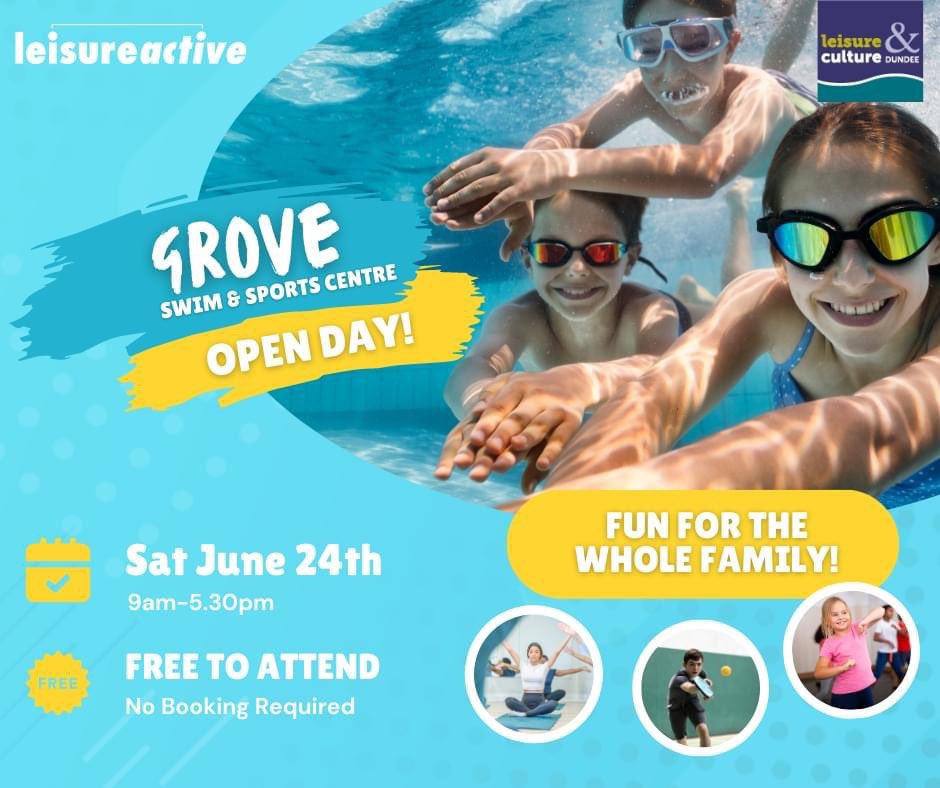 LACDundee's tweet photo. Our Open Day at Grove Swim &amp; Sports Centre is this Saturday! It's totally free for everyone from 9am-5.30pm with loads of activities and taster sessions on for the whole family. 

No need to book, just come along! https://t.co/wHkTvQdmcn