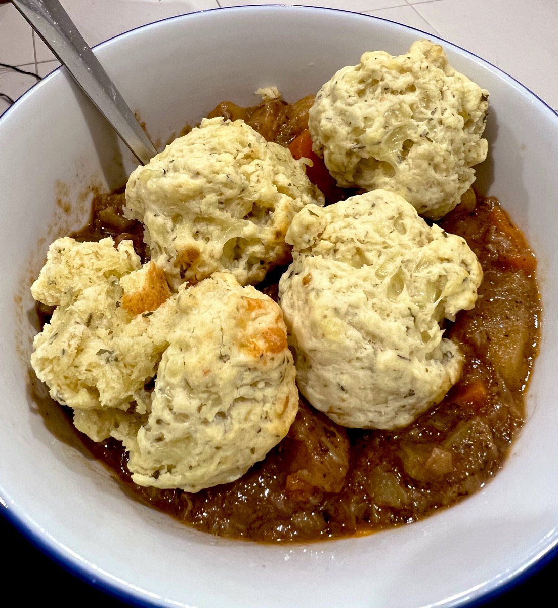 mimbles's tweet photo. Turns out that dumplings can be baked separately and then added to reheated beef stew quite successfully. I only regret not having made more of them. https://t.co/tmubylqld2