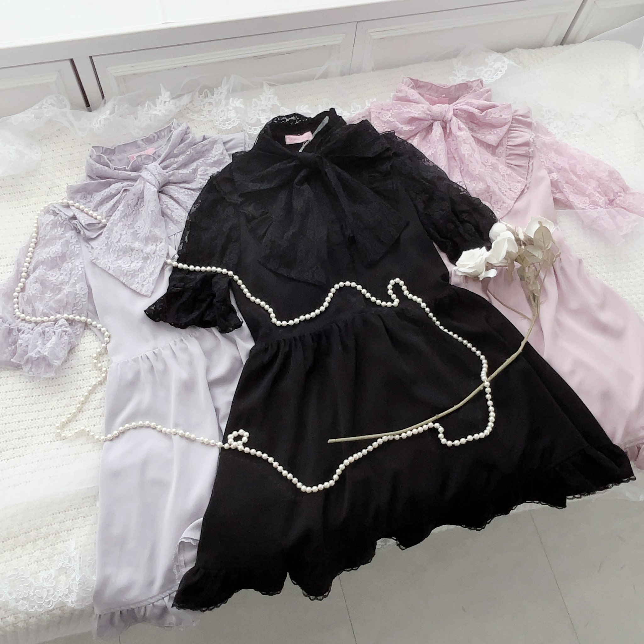 evelyn オリジナルリボン柄OP アイスブルー 9/5〆 evelyn ワンピース