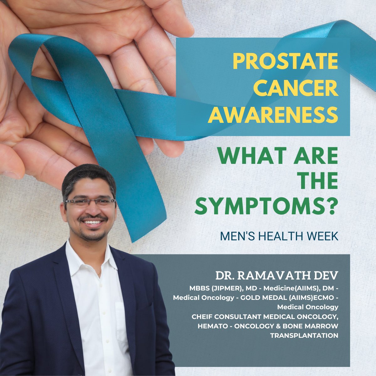 Here are some symptoms of prostate cancer to watch for:
-Difficulty urinating
-Frequent urination, especially at night
-Blood in the urine or semen
-Pain in the pelvis, back, or hips
#prostatecancerawareness #medicaloncologist
