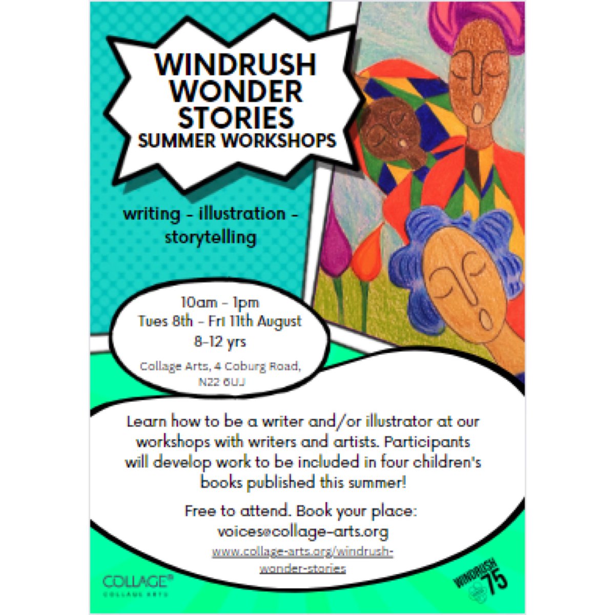 Commemorate Windrush with us at our Windrush Wonder Stories Summer Workshops! This event is FREE to attend, for 8-12 year olds! To book your place please email voices@collage-arts.org

Special thanks to @nearneighbours

#Windrush75 #WindrushDayGrantScheme #Windrush2023