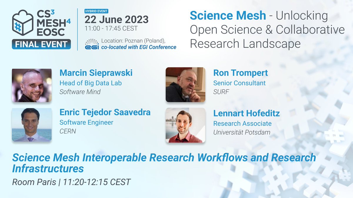 CS3MESH4EOSC (@cs3org) on Twitter photo 🔍Discover the use cases that demonstrate the value of #ScienceMesh and how it helps #research communities in their #datasharing and synchronisation activities Marcin Sieprawski <a href="/SoftwareMind/">Software Mind</a> Enric Tejedor Saavedra <a href="/CERN/">CERN</a> Lennart Hofeditz <a href="/unipotsdam/">Universität Potsdam</a> Ron Trompert @SURF__EN 🔍Discover the use cases that demonstrate the value of #ScienceMesh and how it helps #research communities in their #datasharing and synchronisation activities Marcin Sieprawski <a href="/SoftwareMind/">Software Mind</a> Enric Tejedor Saavedra <a href="/CERN/">CERN</a> Lennart Hofeditz <a href="/unipotsdam/">Universität Potsdam</a> Ron Trompert @SURF__EN