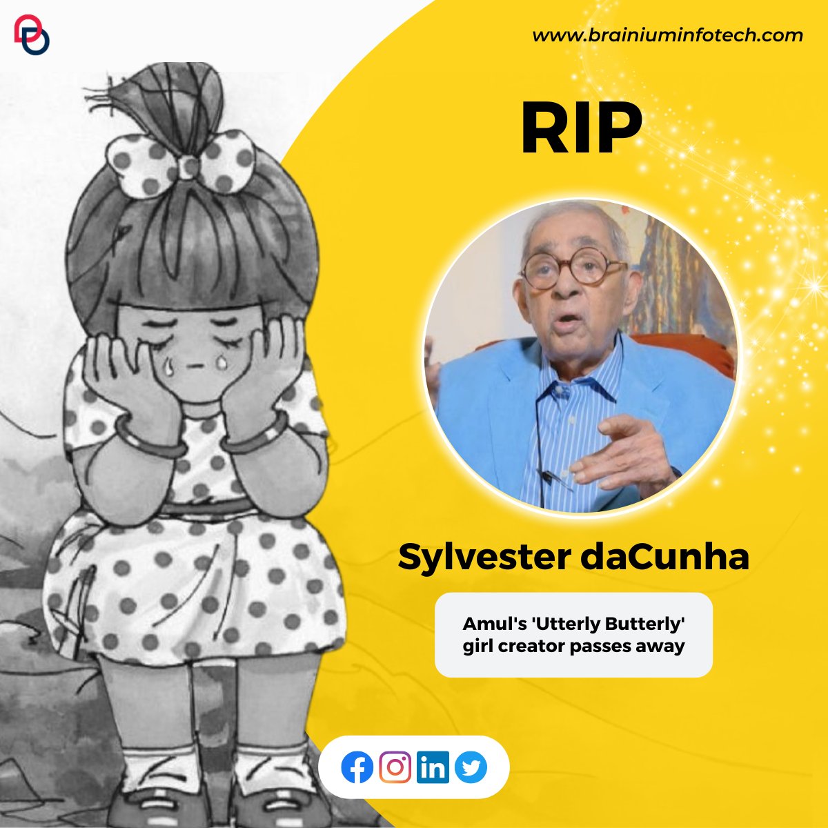 Thank you, Sylvester daCunha, for giving us the gift of the 'Utterly Butterly' girl and spreading laughter through generations.  Your creativity will forever be cherished. 🙏 #AdvertisingIcon #RIP #AmulGirl #amulindia #utterlybutterly #ideateimplementsucceed