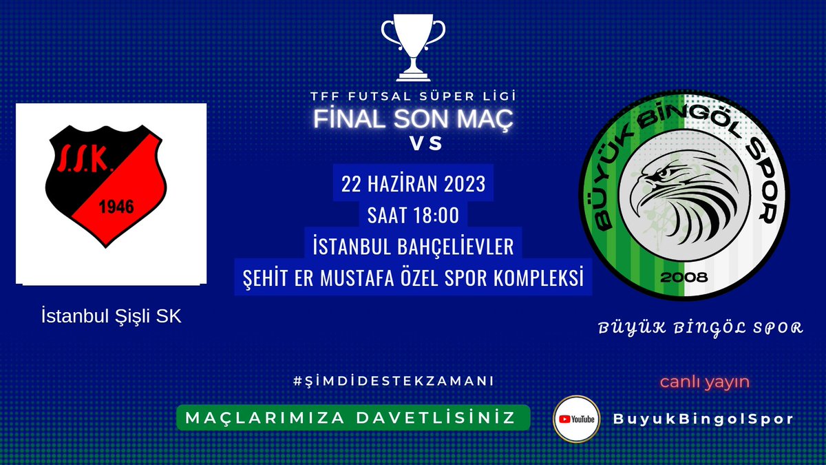 Bingöl için tarihi maç!

TFF Futsal Süper Ligi'ni ikinci bitiren Büyük Bingöl Spor, bugün kritik final maçına çıkıyor. Hedef: UEFA Futsal Şampiyonlar Ligi.

Dünkü maçı 6-4 kaybeden Büyük Bingöl Spor, bugün rövanş maçına çıkıyor.

Bugün saat 18:00'da İstanbul Bahçelievler Şehit Er…