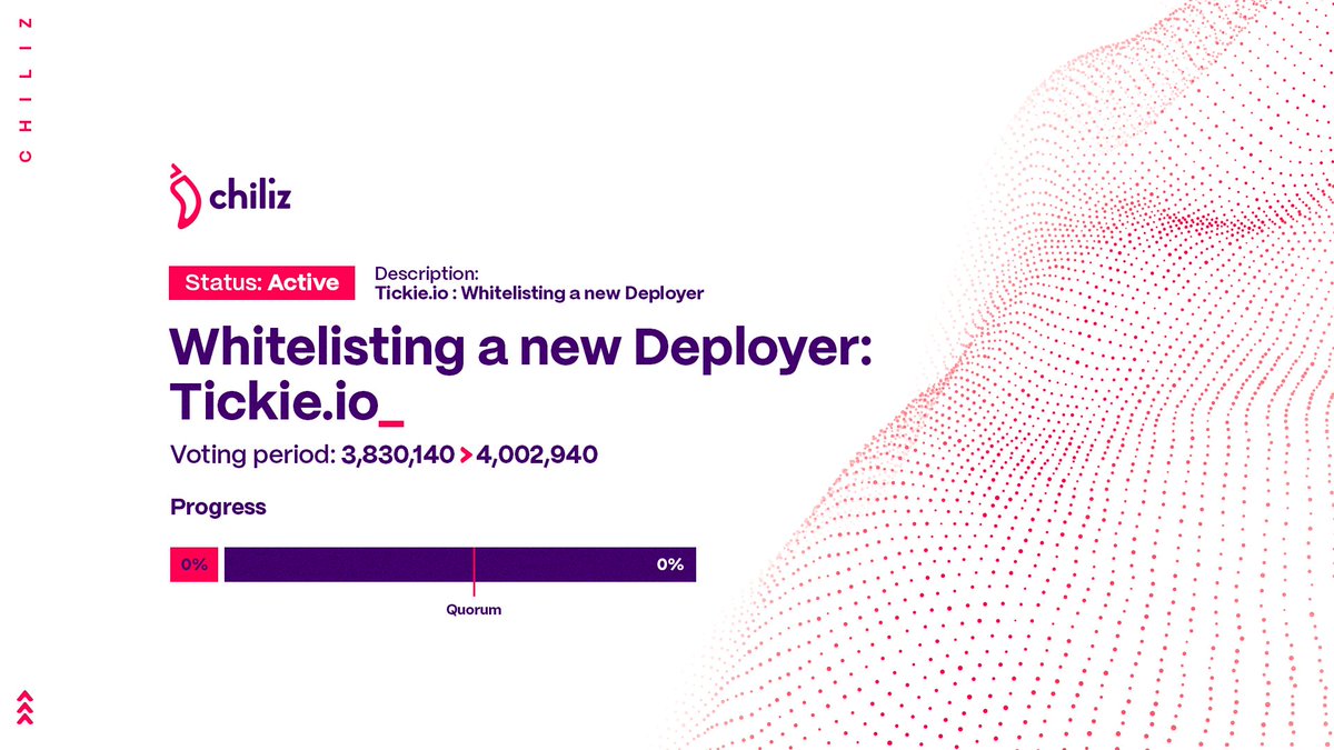 Incoming notification 🔔 There is a new proposal up for voting on governance.chiliz.com/governance

Proposal type: AddDeployer
Status: Active
Voting period: 3,830,140-&gt; 4,002,940
Description: Tickie: Whitelisting Deployer
Progress: For: 0% - Against: 0%

Learn more about Governance 👇
