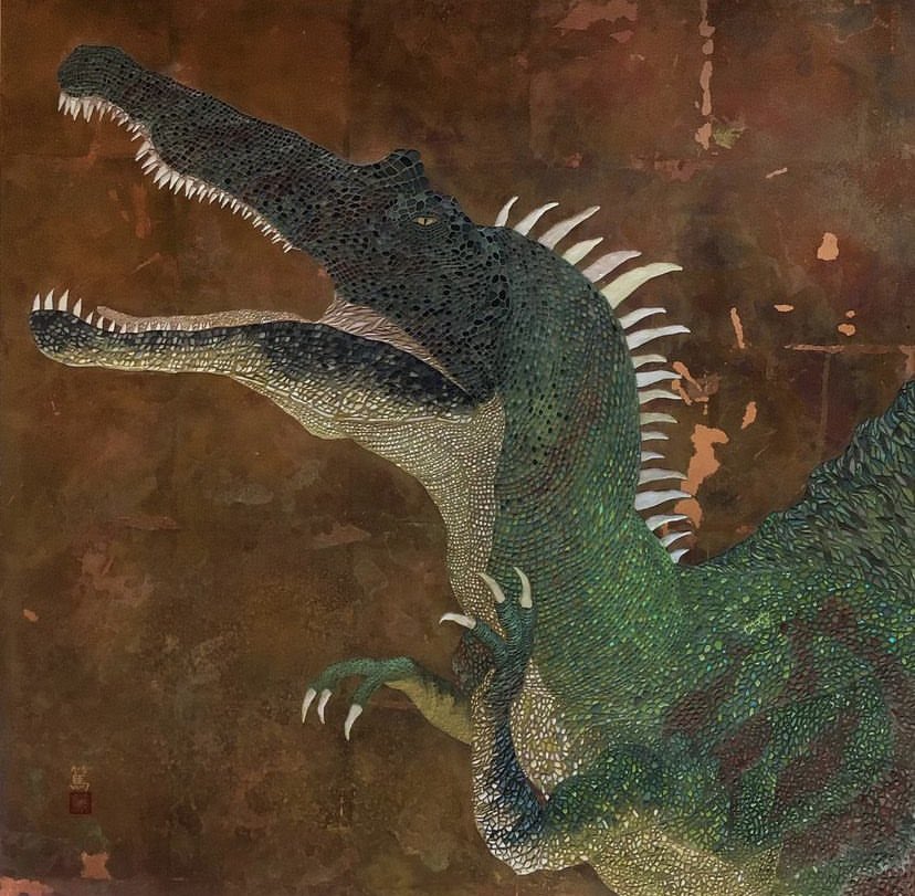 dinosaurhuman's tweet photo. 本日は、スピノサウルスを紹介します🦖

スピノサウルスは、後期白亜紀セノマニアン期のアフリカ大陸に生息していたスピノサウルス科の恐竜です。

作者: @ats90922

タイトル: 「雄心-スピノサウルス」

サイズ:65.2×65.2cm

主な材料: 岩絵具 https://t.co/L2PWg0FrOz