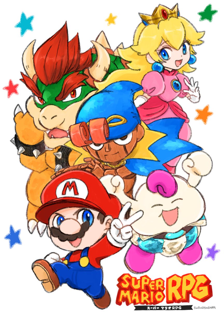 bowser ,mario ,princess peach 1girl multiple boys blonde hair spikes blue eyes smile hat  illustration images