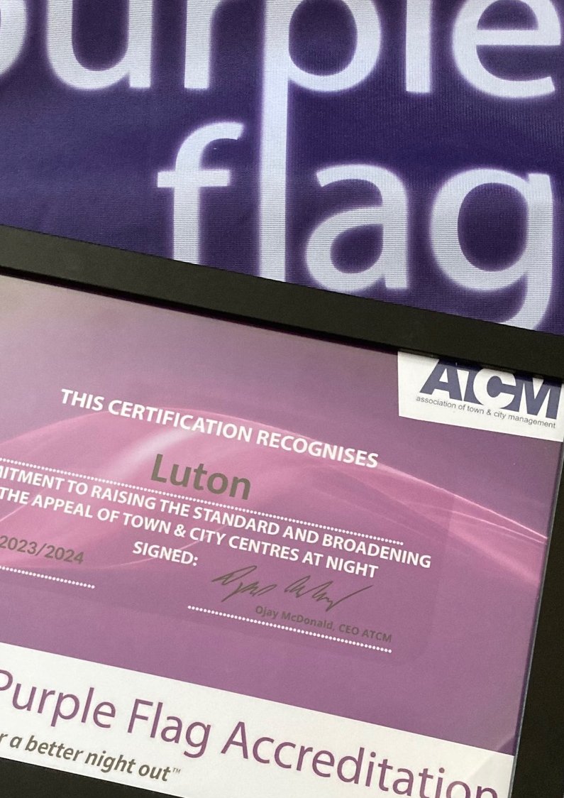 Very proud to accept the Purple Flag award for Luton @lutoncouncil with our partner @LutonBID at the ATCM @ATCMUK Awards Evening last night. Congratulations to all the other Purple Flag and ATCM Award winners.