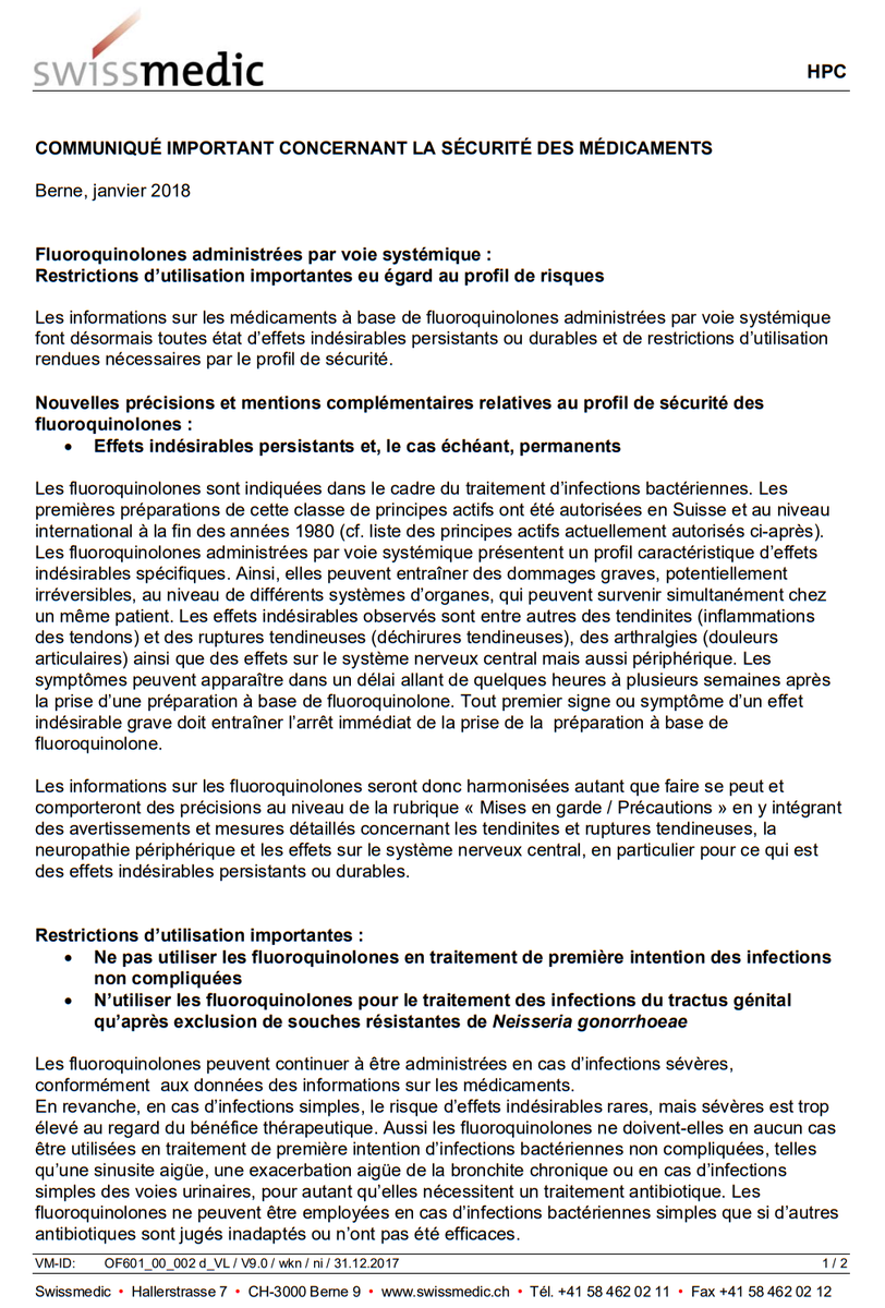 ClaudeSteve6's tweet photo. 3/
@Swissmedic_ (vous savez, ce truc qui a fait retirer le Mediator en Suisse 10 ans avant la France...)
"Fluoroquinolones administrées par voie systémique : Restrictions d’utilisation importantes eu égard au profil de risques" (2018) https://t.co/efKh9g4HBp