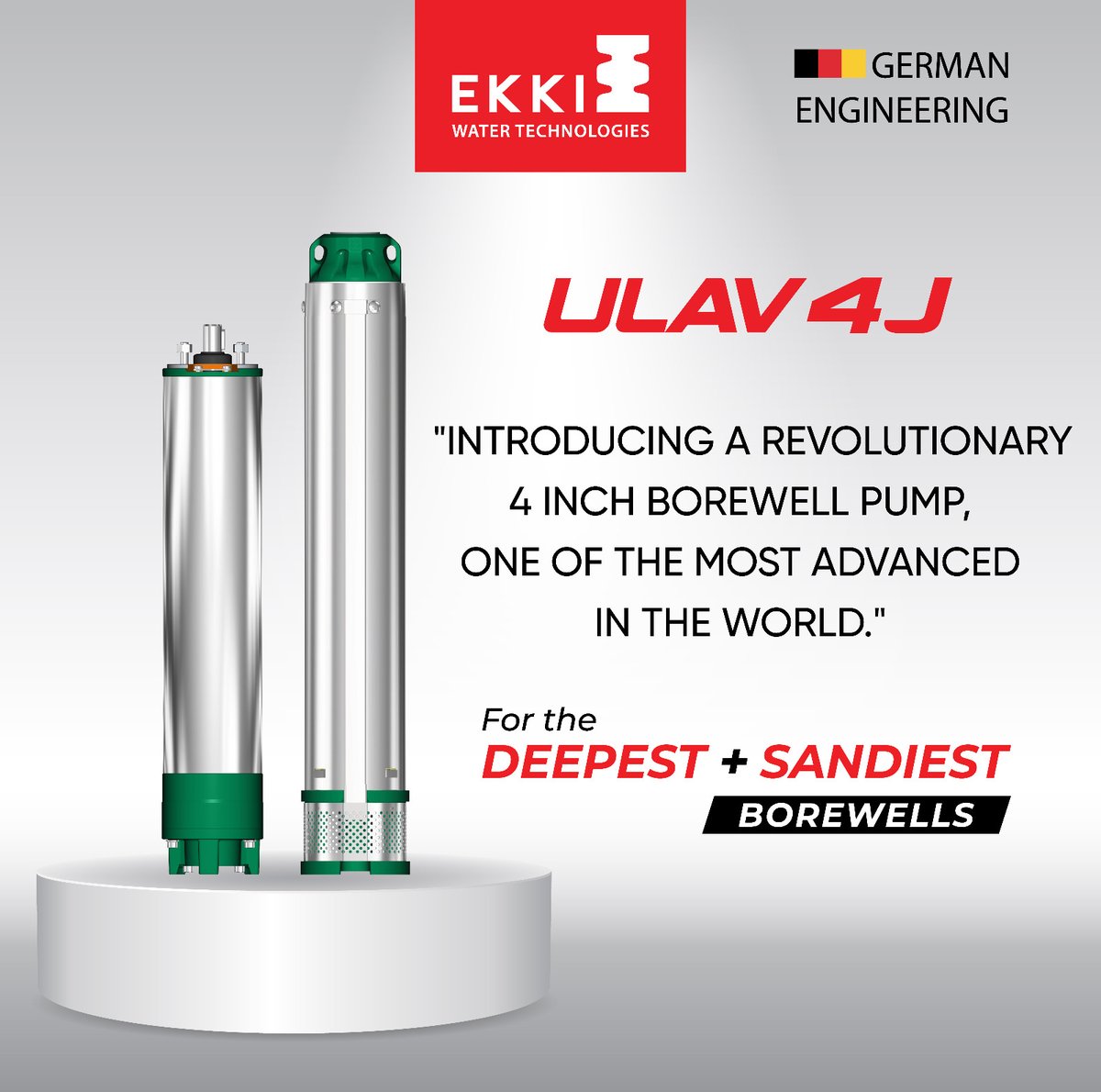 ULAV 4J, the Next-Generation 4' Ground Water Pumps designed specifically for the deepest and sandiest borewells.

Ensure longevity and reliability throughout your operational lifespan.
#ekki #watertechnology #germanengineering #waterpump #borewell #AgriculturePump