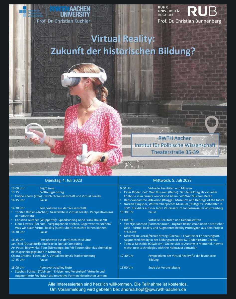 Verändert #VirtualReality die Art über #Geschichte zu lernen? Das verhandeln wir bei meiner letzten Tagung @RWTH. Herzliche Einladung für 4./5. Juli nach Aachen. Mit @habboKnoch @ChBunnenberg @Tomasz8621 #publichistory #geschichtsdidaktik #historischeBildung #digitaleBildung