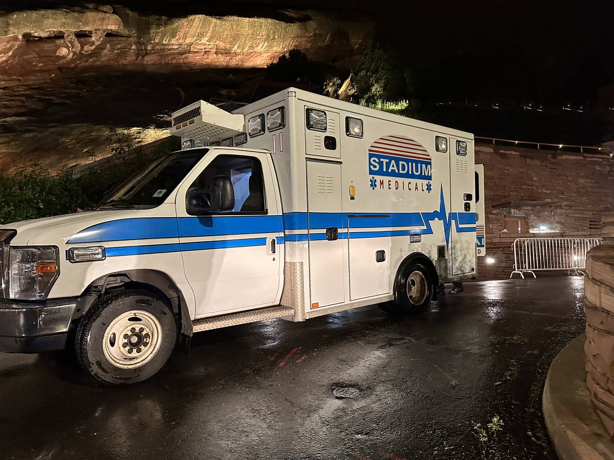 WestMetroFire's tweet photo. UPDATE: Red Rocks hail storm- 7 people transported to area hospitals with non-life-threatening injuries. A total of 80 to 90 people treated on scene. Injuries include cuts and broken bones. Sporadic hail still coming down in Morrison area. @StadiumMedical https://t.co/gM7KKNqocW
