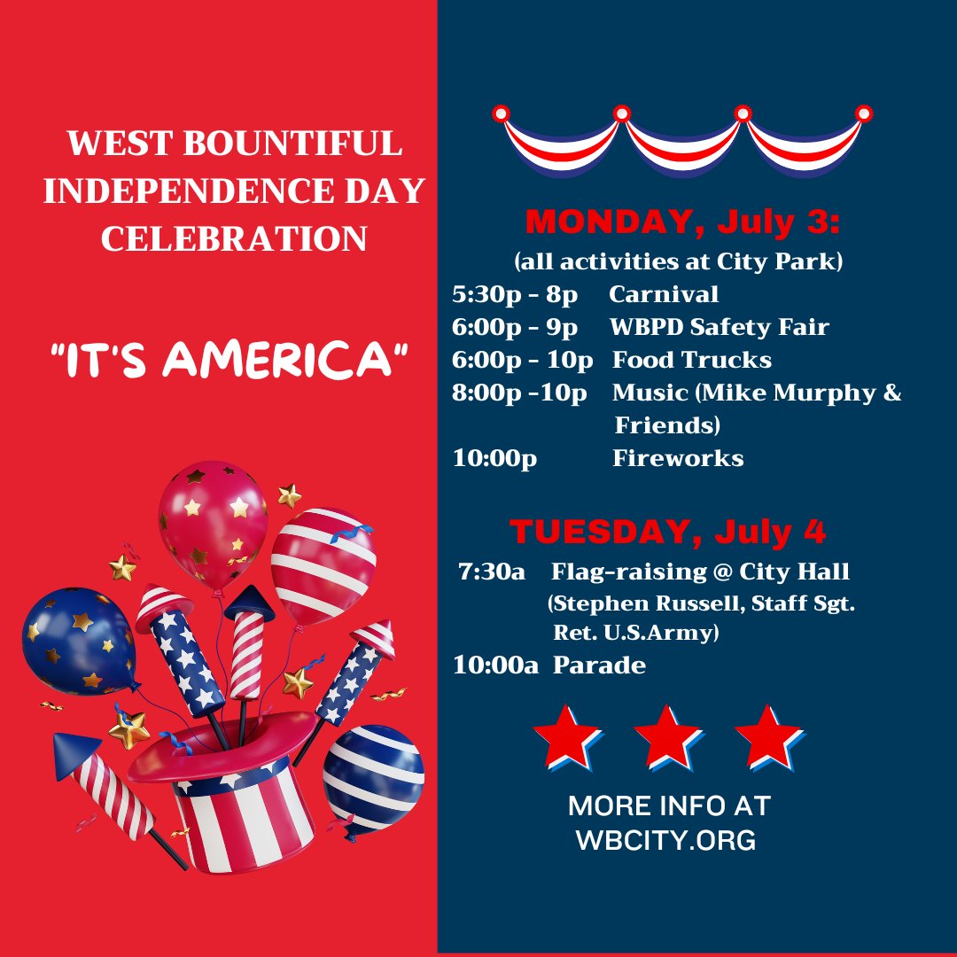 Help us celebrate Independence Day on July 3 &amp; 4. Parade entry deadline is Friday, June 23. wbcity.org for more info.