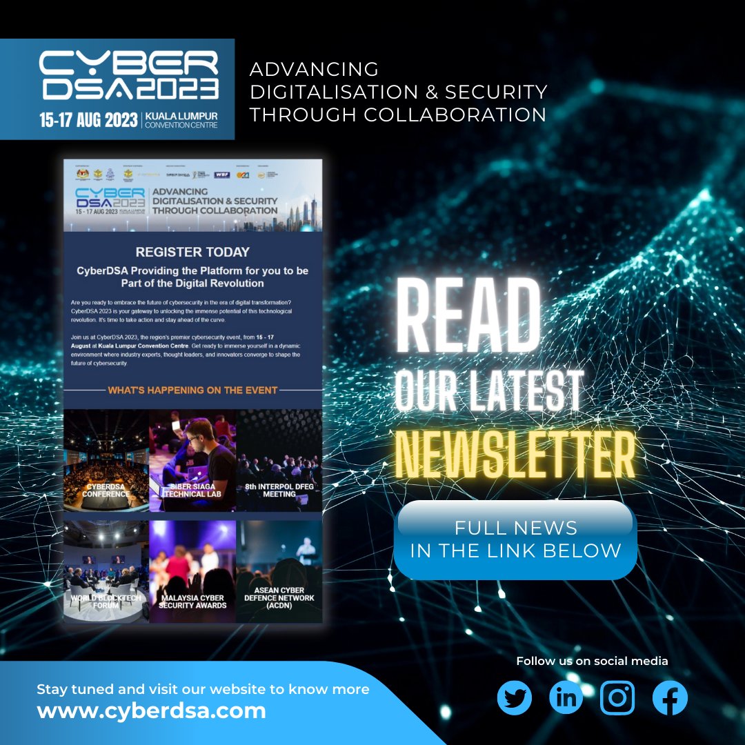 Check out the latest CyberDSA 2023 newsletter updates. Be among the first to read it! Just click the link below and stay up-to-date.

mailchi.mp/aeroseaexhibit…

Subscribe to our newsletter today: bit.ly/3UEFjur

#cyberdsa2023
#cybersecurity
#cyberdefence
#conference