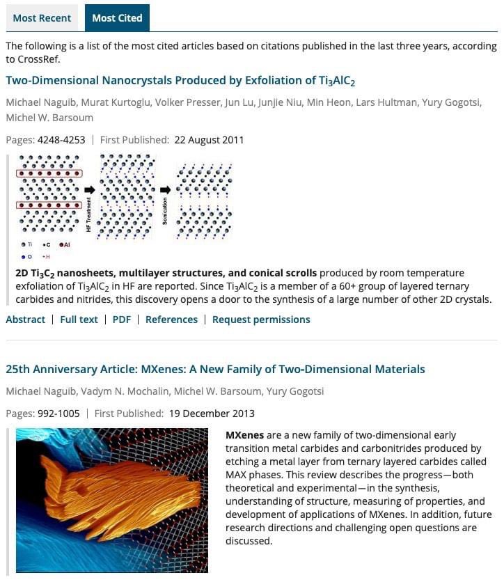 What is the hottest material nowadays? Our first #MXene paper is now the most cited paper in Advanced Materials (@WileyGlobal ) in the past 3 years. The second most cited article in this top materials journal with IF=32 is our review of #MXenes ! @2dMxenes