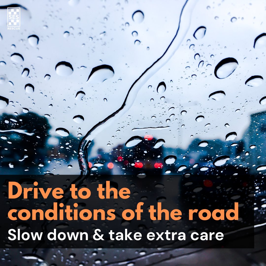 If you're on the roads this afternoon &amp; evening, be mindful of the weather conditions
Slow down &amp; take extra care. Maintain a safe distance between you &amp; the vehicle in front. Turn on your headlights.
For SES assistance, call 132 500.
For life-threatening emergencies, call 000