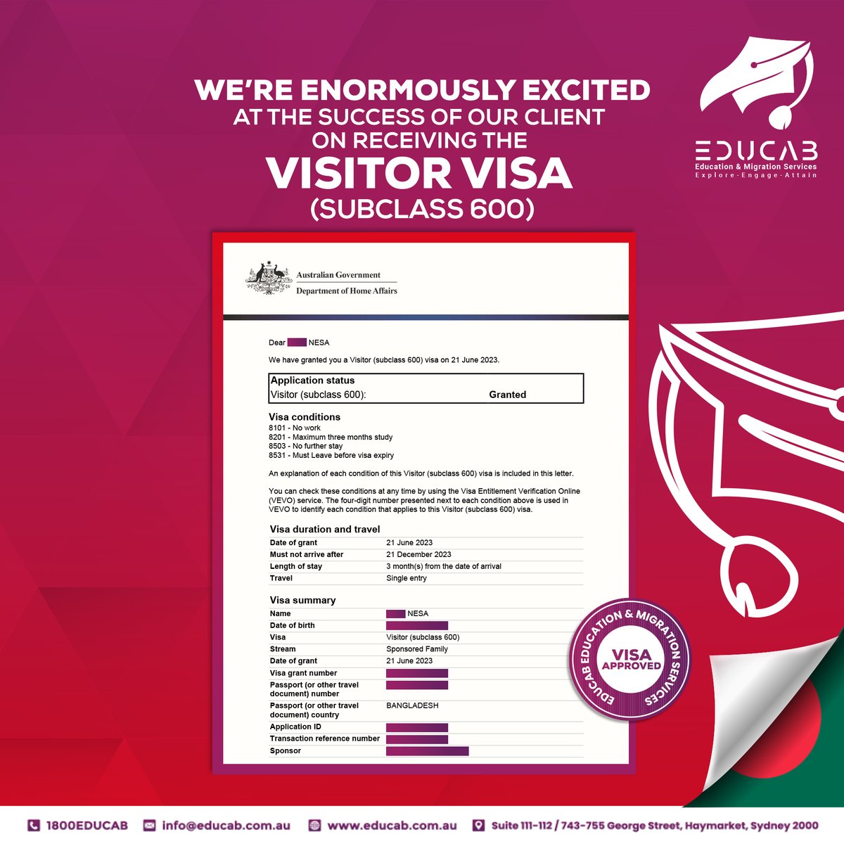educabaustralia's tweet photo. 𝐁𝐄𝐆𝐈𝐍𝐍𝐈𝐍𝐆 𝐎𝐅 𝐓𝐇𝐄 𝐃𝐀𝐘 𝐂𝐎𝐔𝐋𝐃𝐍’𝐓 𝐁𝐄 𝐀𝐍𝐘 𝐁𝐄𝐓𝐓𝐄𝐑.

Our client got #SC600VisitorVisa adding another signature at our 💯% success rate.

Need assistance for your visa application?
📲+61424205426
#educab  #migration  #education  #visaservice https://t.co/ssl9UV0QNf