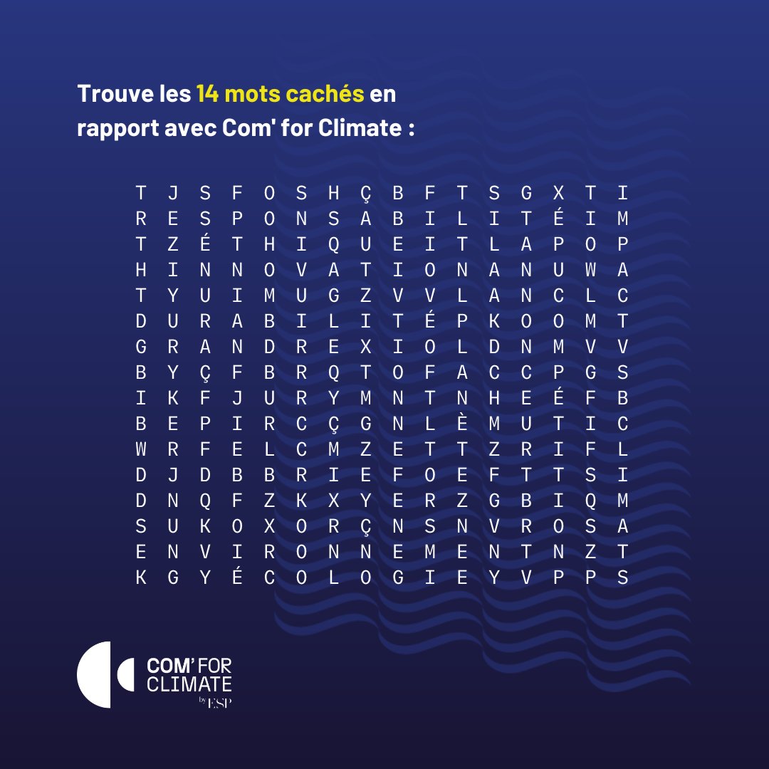 espublicite's tweet photo. 😎 It’s game tiiiiiime !

👇 Dites-nous dans les commentaires quel mot vous avez vu en premier !

#ESPub #AdvertisingNextGeneration #ComAdYouAre #TransitionEcologique #ComForClimate #RSE #Environnement #ProjetPédagogique #EtudesSupérieures #MotsMêlés https://t.co/oYiwLAkFUl