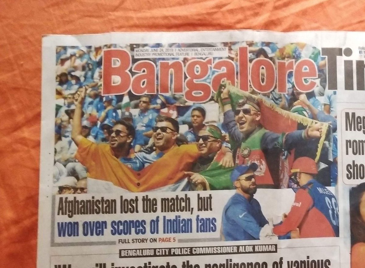 What a thrilling experience it was to watch this match in person with @FaridBawa! Gorgeous weather, Kohli's 50, Shami's hat-trick, incredible energy in stadium... Strangely, even got featured on the front page of Bangalore Times.

Still not sure why Bumrah was MoM though 🤔