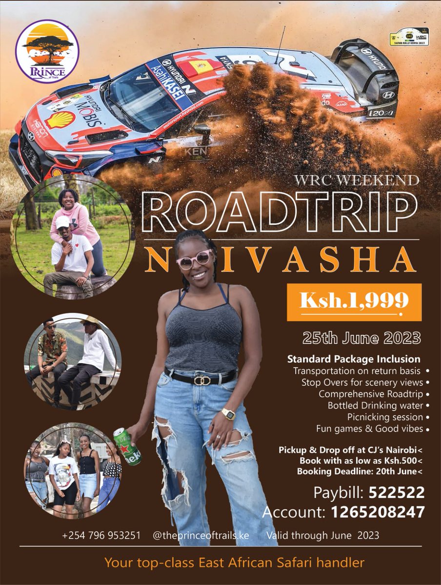 PrinceTrails's tweet photo. FINAL DAY to make your booking for the Naivasha WRC safari👏🏼 

 Secure your slot for as low as 350 bob and clear the rest before departure😃 
Do not miss out on this exciting opportunity to be part of the Safari Rally🔥

 3 SLOTS REMAINING🔸🔸🔸

Booking &amp; Enquiries: 0796953251 https://t.co/El2ekHVUcD