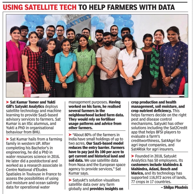 satyukt's tweet image. Satyukt Analytics is Making Headlines! revolutionizing farming practices with satellite technology and machine learning.
timesofindia.indiatimes.com/.../101154659.… 
#agriculture #farming #satellitetechnology #machinelearning #dataanalytics #cropproduction #precisionagriculture #agritech