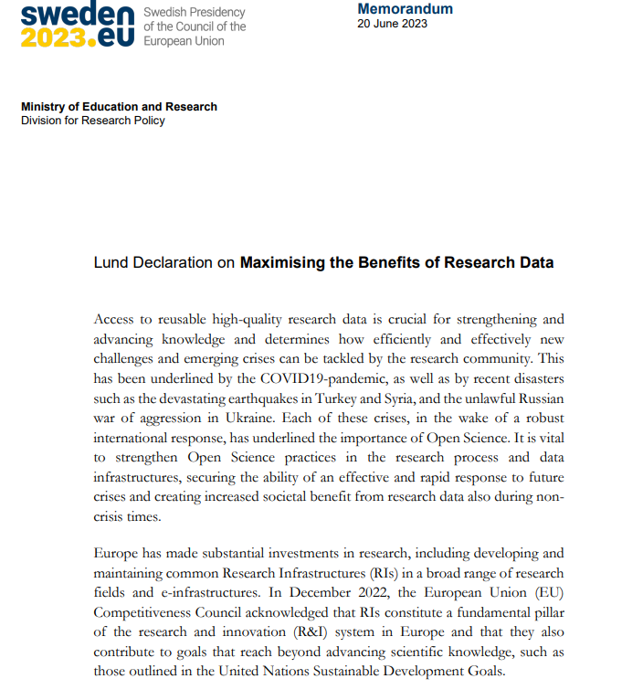 Lund Declaration on Maximising the Benefits of Research Data (link to full document) #FAIR #researchdata #openscience #forskningsdata #öppenvetenskap #Lund: swedish-presidency.consilium.europa.eu/media/5wehfvzx…