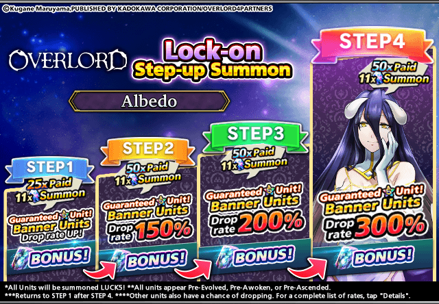 GRDSMN_GLOBAL's tweet photo. 🎯 OVERLORD Lock-on Summons 🎯  

Get a boosted drop rate for a specific Crossover unit!  

Take aim at Albedo with this amazing limited-time opportunity!  

Promo period: until 6/27, 18:59 PDT https://t.co/FHFttEhsbA