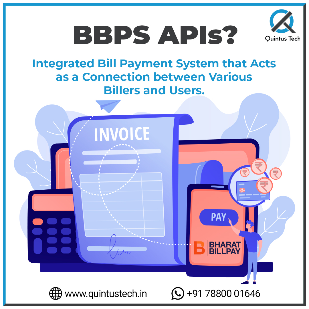 Quintus Tech: Revolutionizing Bill Payments with BBPS API. Simplify, Scale, Innovate. Embrace the Future Now! 🌐💡
#BillPayments #BBPSAPI #FintechRevolution #DigitalPayments #PaymentSolutions #APIIntegration #BBPS #QuintusTech #FintechService #DMTAPI #MiniATMApi #APIs #AEPSAPI