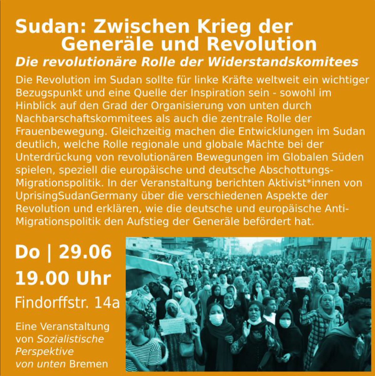 ✊ #Sudan : Die revolutionäre Rolle der Widerstandskomitees
Donnerstag 29.06.23 Findorffstr. 14a ✊🏾
Mehr als 5000❗️Nachbarschaftskomitees organisieren den Alltag und ebnen den Weg für eine gesellschaftliche Entwicklung von unten und gegen den Krieg der Generäle.
#SudanUprising