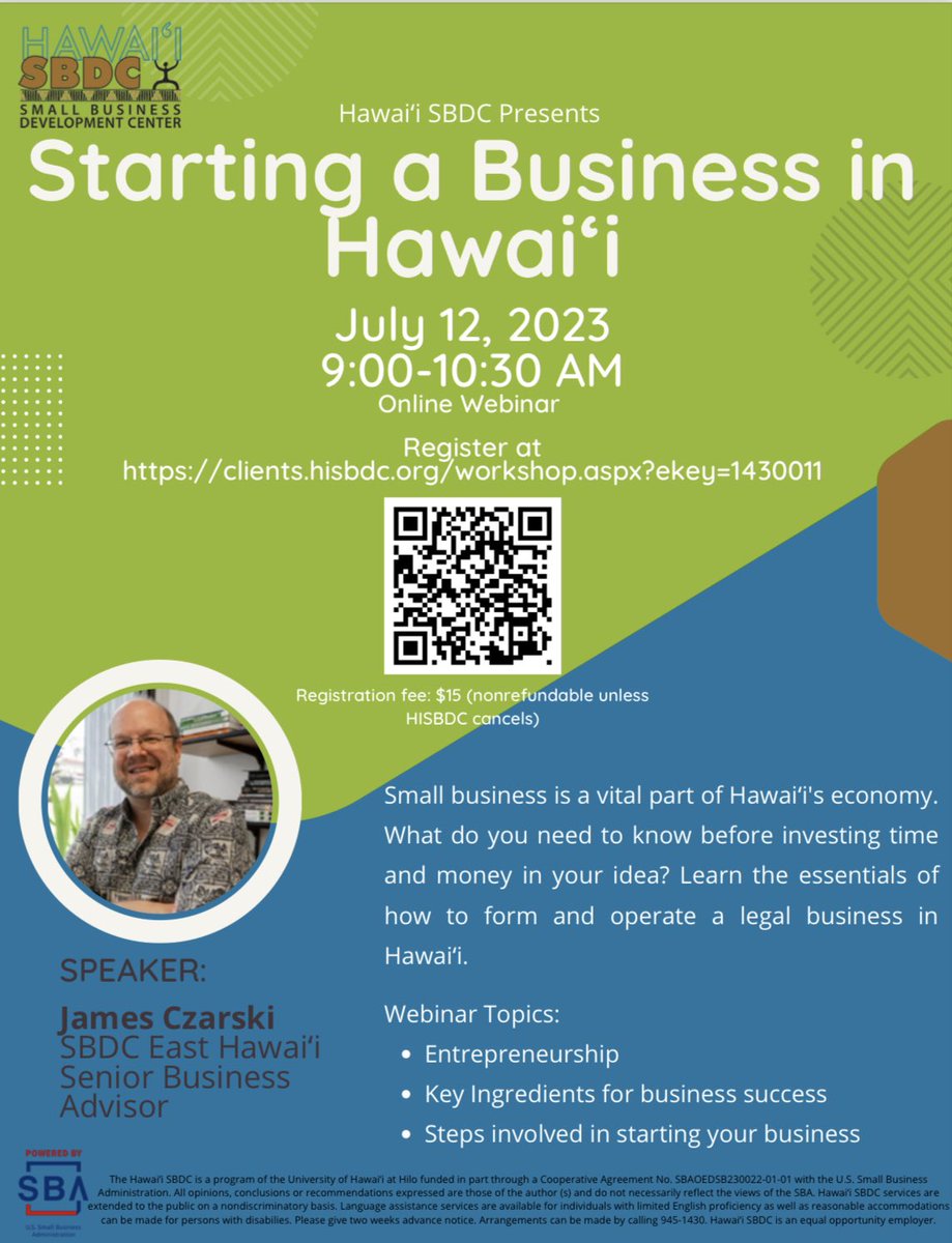 💻Starting a Business in Hawaiʻi
🗓July 12, 2023
⏰9:00-10:30 AM
Register at: clients.hisbdc.org/workshop.aspx?…
 
What do you need to know before investing time and money in your idea?
✍️Entrepreneurship
✍️Key Ingredients for business success 
✍️Steps involved in starting your business