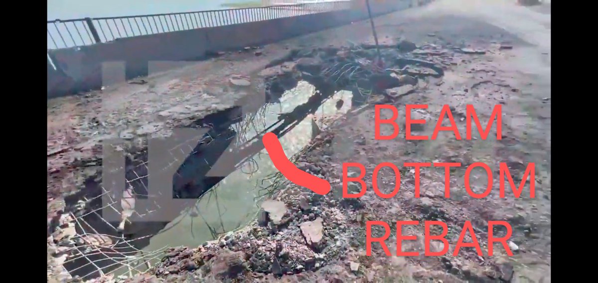 @NOELreports Video shows critical damage to the beam at the edge.

The bottom rebar is visible, with the concrete above it blown out. This zeroes out the capacity of that member.

There's more than one beam per span so possibly still useable, but much worse than just a hole in the deck.