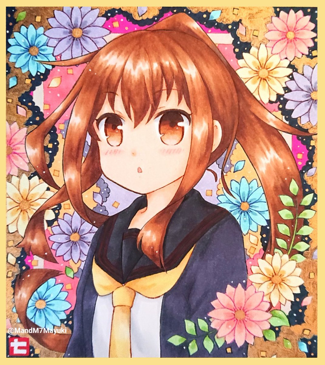 fumizuki (kancolle) 1girl solo brown hair ponytail long hair school uniform flower  illustration images