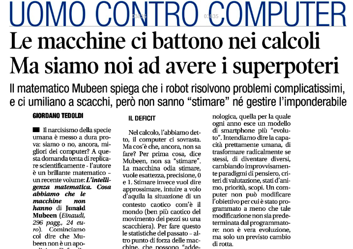 🤖Nel calcolo il computer ci sovrasta. Ma cos'è che ancora non sa fare?
🗞️"Uomo contro computer" su <a href="/Libero_official/">Quotidiano Libero</a> 

#IntelligenzaArtificiale #Robot <a href="/OpenAI/">OpenAI</a> <a href="/FBK_research/">Fondazione Bruno Kessler - FBK</a> <a href="/aldoceccarelli/">Aldo Ceccarelli</a> @cdigitalethics <a href="/perugini/">Luca Perugini</a> <a href="/InnovazioneGov/">Dipartimento per la Trasformazione Digitale</a> <a href="/ScuolaRobotica/">Scuola di Robotica</a>