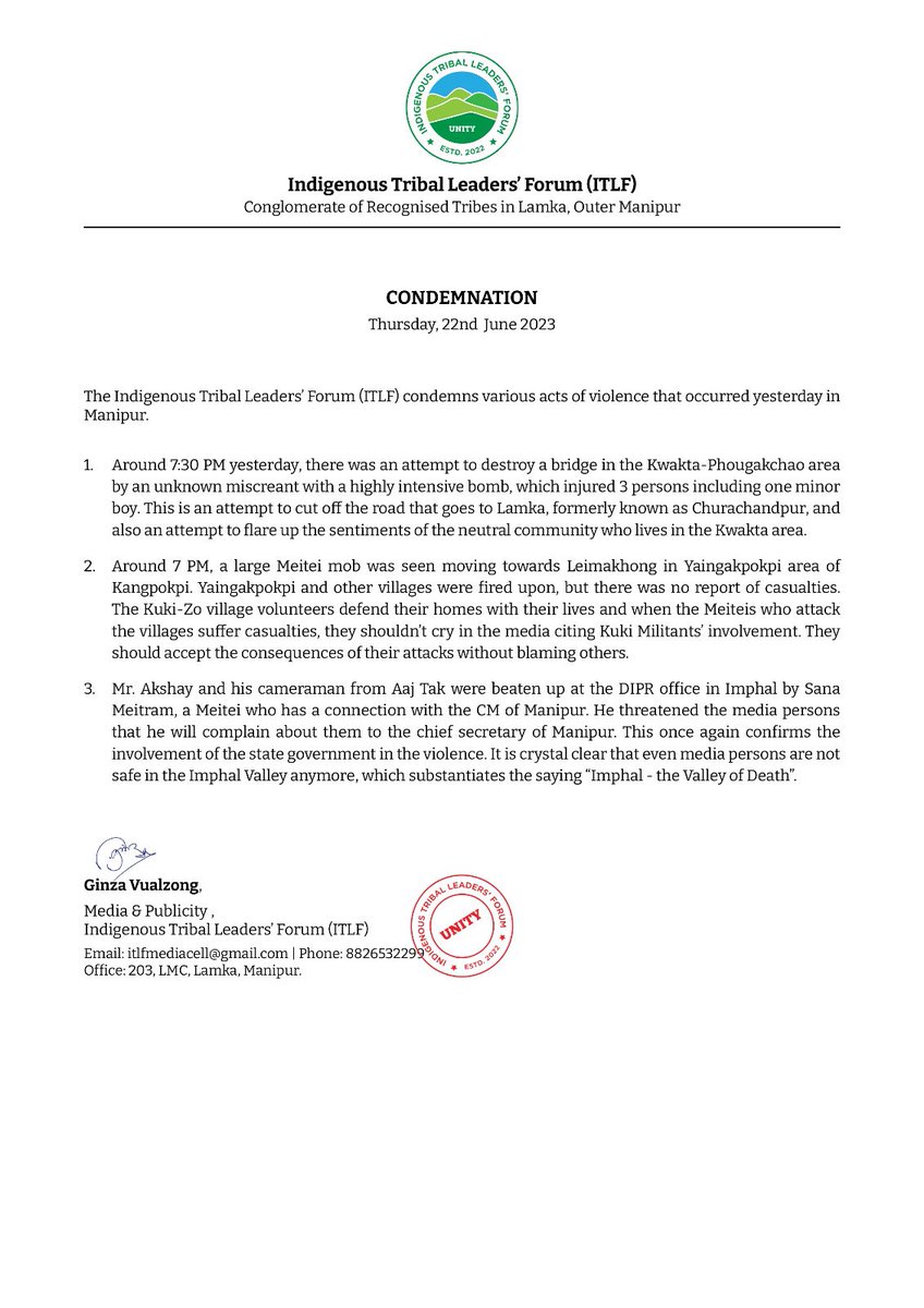 The CM's appeal for ceasefire means nothing to the Meitei radicals. Infact it seems that every time the CM appeals for peace, shooting follows shortly.

The Kuki Hmar Zomi tribals have already declared long ago that Biren Singh is the CM of the Meteis alone.

In this air of…