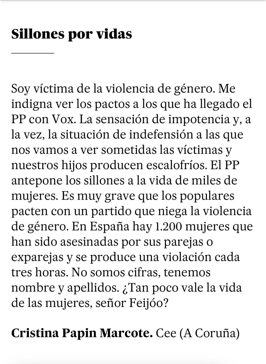 crispmarcote's tweet image. He escrito a la directora de @el_pais y han publicado mi carta.
Os animo a todas las víctimas de la violencia machista a hacerlo. Feijóo es responsable de legitimar una ideología que nos anula y nos deja desamparadas.
elpais.com/opinion/2023-0…