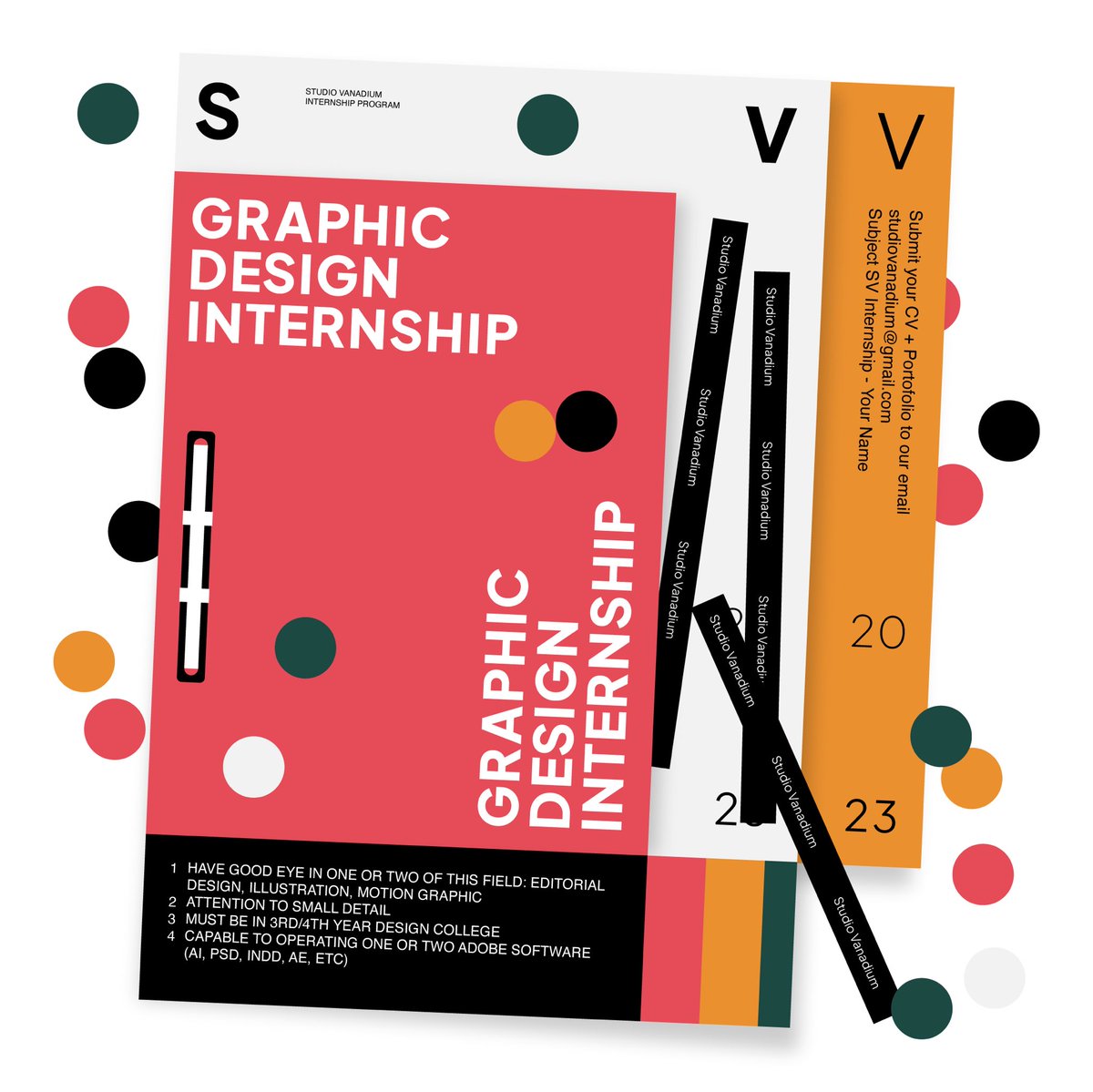 Hi! Studio Vanadium currently looking for Intern Graphic Designer to join our team.

Please submit your CV + Portofolio to our email:

Studiovanadium@gmail.com
Subject: SV Internship - (Your Name)

Thank you!