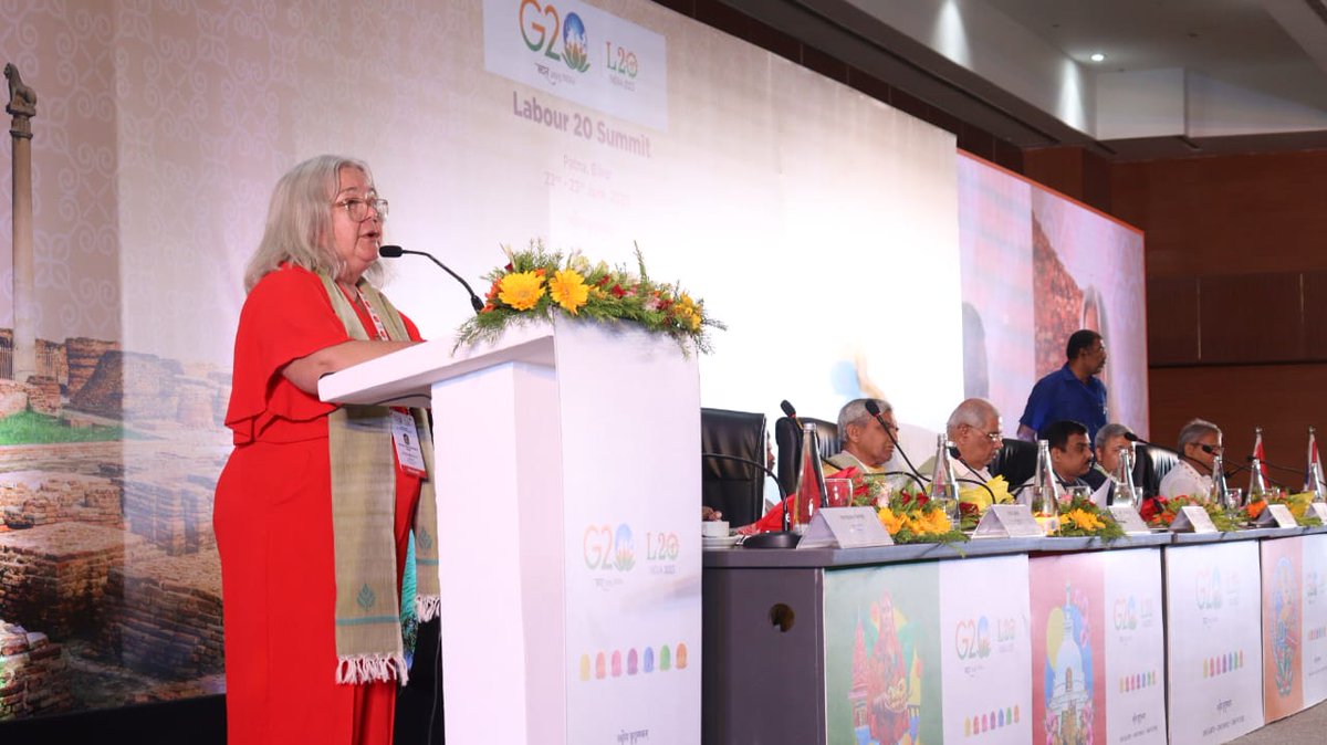 Ms. Ruth representing Florica Syndical from #Brazil spoke in the inaugural session. She highlighted the importance of multilateral cooperation in ensuring #LabourWelfare. 

#Patna #L20Summit